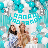 Teal Birthday Decoration Set with Balloons, Banner & Fringe Curtains for Women