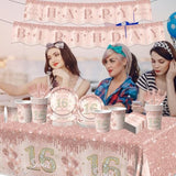 Sweet 16 Party Decorations Tableware,142Pcs Rose Gold 16Th Birthday Decorations For Girls Sweet 16 Plates And Napkins Tablecloth For Sweet Sixteen Decorations