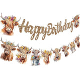 Brown Glitter Highland Cow Birthday Banner - Cattle Themed Party Decorations For Baby Shower Supplies