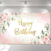 Rose Gold Birthday Backdrop For Women Pink Floral Golden Flash Happy Birthday Party Decorations Flower Glitters Birthday Banner 70.8 X 43.3 Inch