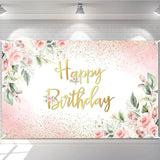 Rose Gold Birthday Backdrop For Women Pink Floral Golden Flash Happy Birthday Party Decorations Flower Glitters Birthday Banner 70.8 X 43.3 Inch
