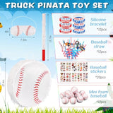 60 Pcs Baseball Party Favors Set 1 Baseball Piñata Bat 1 Blindfold 1 Bag Of Confetti 12 Silicone Bracelet 12 Straws 12 Ball 20 Sticker For Sport Birthday Party Supplies