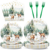 96 Pcs Christmas Reindeer Tableware Watercolor Deer & Winter Woodland Decor