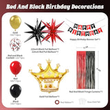 Red And Black Birthday Decorations For Men With Red, Black And Gold Balloons, Happy Birthday Banner, Red And Gold Fringe Curtain For 21St, 25Th, 30Th, 35Th, 40Th Birthdays