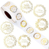 1000Pcs Clear Christmas Stickers Roll Gold Foil Xmas Wreath Seal Stickers Self-Adhesive Label Decals For Holiday Envelope Invitations Cards Gift Decor, 6 Designs