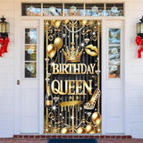 Black Gold Birthday Queen Door Cover Banner 71 X 35 Inch Happy Birthday Backdrop Photography Background Decoration For Women Girls Birthday Party Home Outdoor Decor