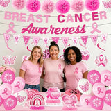 Breast Cancer Awareness Decorations, 33PCS Breast Cancer Awareness Month Party Banner Hanging Swirls Honeycomb Centerpieces Pompoms Balloons Decor Set, Pink Ribbon Party Supplies for Women