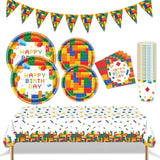 Building Block Party Decorations 98Pcs Building Block Party Decorations Suppiles Set Include Plates, Napkins, Cups, Banner And Tablecloth Building Block Theme Party Favors Kit (Building Block)