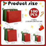 100 Pcs Red And Green Christmas Gift Bags Kraft Paper Bags With Handles Holiday Gift For Wedding Baby Shower Bridal Shower Shopping Party Favor Business (4 Size)