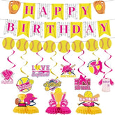 Softball Birthday Party Decorations - Themed Happy Banner, Hanging Swirls, Honeycomb Centerpieces, Table Decor, Sports Party Supplies