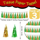 3P Sage-Green Gold Tassel Banner Garland Metallic Foil Fringe Banner Tinsel Tassels Streamer Banner Backdrop For Parade Floats, Graduation Decorations, Woodland Party Decoration