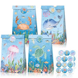 12 Pcs Under The Sea Party Favor Gift Bags With Stickers Ocean Animals Treat Goodies Bags Birthday Party Decorations Turtle Whale Beach Theme Baby Shower