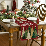 Xmas Trees Snowflakes Red Merry Christmas Table Runner, Winter Seasonal Kitchen Dining Table Decoration For Home Party Decor 13X36 Inch