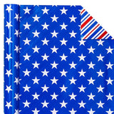 Reversible 4Th Of July Wrapping Paper - Mini Roll - 17 Inch X 33 Feet - Blue Red White Stripe And Star Design, Perfect For Memorial Day, Holiday, Party