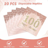 100Th Birthday Decorations, Rose Gold Birthday Party Supplies Include 20Pcs Plates 20Pcs Napkins Sweet One Hundred Year Old Birth Party Tableware For Girl Ladies Women