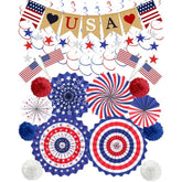 30 Pcs Patriotic Decorations For Veterans Day, 4Th Of July Decor Love Usa Banner American Flag, Red White Blue Paper Fans Pompoms Labor Memorial Day Decor For Indoor Outdoor Outside