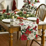 Poinsettia Birds Snowflake Merry Christmas Table Runner, Seasonal Winter Floral Kitchen Dining Table Decoration For Home Party Decor 13X48 Inch