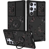 Samsung Galaxy S25 Ultra Case with Ring Stand, Black Butterfly Design, Cute Cartoon Style Phone Case