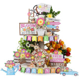 26 Pcs Spring Flower Tiered Tray Decor Set Rustic Farmhouse Spring Floral Table Home Kitchen Shelf Tabletop Centerpiece Office Decorations (Bright)
