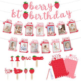 Glitter Strawberry First Birthday Photo Banner From Newborn To 12 Months Sweet One Berry 1St Birthday Party Decorations Monthly Milestone Picture Garland Banner For Girls Baby Shower, With 24Pcs Cake Toppers