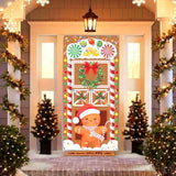 Christmas Gingerbread Man Door Banner with Holiday Wreath and Candy Cane Decorations