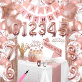 285Pcs Party Supplies Rose Gold Birthday Decorations For Girls And Women, Diy Number Ballons, Fringe Curtain, Tablecloth, Polka Dot Napkins Straws For 25 Guests