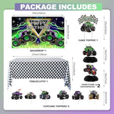 Monster Truck Birthday Party Decorations Racing Balloon Arch Kit Large Wheel Checkered Balloon Honeycomb Centerpieces Backdrop Tablecloth Cake Topper