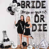 Bride or Die Bachelorette Decor Set – Black & Silver Balloons, Banner, Sash and Foil Curtain