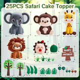 25Pcs Jungle Safari Cake Toppers Set - 3D Zoo Animals Cake Toppers With Trees & Leaves, Wild One Birthday Decor For Jungle Theme Parties Supplies, Safari Cake Decorations
