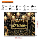 Happy Birthday Party Backdrop Banner Black Gold Balloons Glitter Bokeh Spots Men Women Bday Photography Background For Adult Birthday Cake Table Decoration Supplies Photo Booth Backdrops 8X6Ft