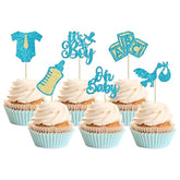 24Pcs Baby Shower Oh Baby Cupcake Toppers It'S A Boy Cupcake Picks Glitter Tie Onesie Baby Bottle Cake Picks Decorations For Gender Reveal Baby Shower Boys Birthday Party Supplies Blue