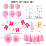 Pink Birthday Decorations, Happy Birthday Banner With Honeycomb Balls, Hanging Swirl Streamers Tassel ,Pink Paper Fans Birthday Party Decorations For Women Girls Happy Birthday Decorations