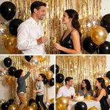 Diy Gold Foil Party Backdrop Kit – 2 Gold Rain Curtains With Black/Gold Balloons & Garland Chain, Easy Peel-&-Stick Party Decor For Birthdays & Holidays