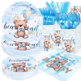 350Pcs Bear Baby Shower Decorations For 50 Guests Party Supplies For Boy Include Paper Plate, Napkin, Cup And Disposable Plastic Tableware