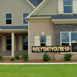 Funny “Holy Shit You’re 50” Banner, 9.8×1.6 Ft Black & Gold Birthday Decor