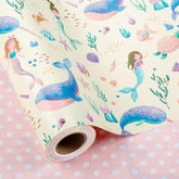 Reversible Mermaid Wrapping Paper Roll,Metallic Foil Whale,Turtle And Sea Creature With Pink Polka Dot For Kids,Girlsbirthday,Baby Shower,Mini Roll (17 In X 32.8 Ft)