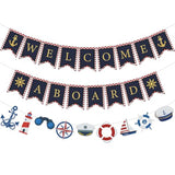 Welcome Aboard Decorations Blue Gold Welcome Aboard Banner Nautical Sailboat Lighthouse Hanging Bunting for Kids Adults Baby Shower Ocean Cruise Ship Birthday Adventure Party Supplies