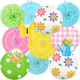 13Pcs Spring Decor Paper Lanterns Fans Pom Poms Hanging Swirls Spring Party Hanging Decorations For Home Office Classroom Birthday Outdoor Indoor