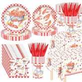 146Pcs Crawfish Boil Party Supplies Include Tableware-Plates-Napkins-Cups-Forks-Knives-Tablecloth For Seafood Boil Party Supplies Serves 24