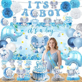 Elephant Baby Shower Decorations Banner, It'S A Boy Backdrop, Foil & Latex Balloons, Mommy To Be Sash, Cake & Cupcake Toppers, Honeycomb Centerpieces, Hanging Swirls For Boy Baby Shower Decorations