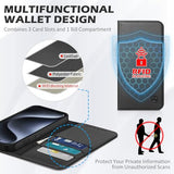 Case for iPhone 15 Pro 5G 6.1", Genuine Leather Wallet Flip Cover RFID Blocking Card Slots Magnetic Closure Shock-Absorbent Case Compatible with