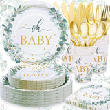 168PCS Sage Green Baby Shower Tableware Set β Plates, Cups, Napkins for 24