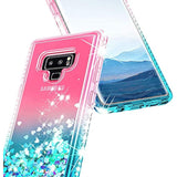 Case For Samsung Galaxy Note 9 With Screen Protector (Maximum Coverage, Flexible Tpu Film), Ring Holder/Wrist Strap, Sparkle Glitter Flowing Liquid, Women Girls Kids Cute Case -Pink/Aqua