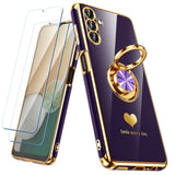 Luxury Gold Edge Plating Soft Phone Case for Samsung Galaxy A13 5G/A04S, 2 Pack Screen Protector, 360° Rotatable Ring Holder with Hearts Pattern