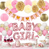 33pcs Pink Baby Shower Decor with It's a Girl Banner, Balloons & Pom Poms