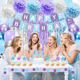 Blue and Purple Birthday Decorations, 50PCS Winter Birthday Party Decorations with Blue Purple Silver Balloons Banner Sash Fringe Curtain, Winter Wonderland Decorations Party Supplies for Women Girls