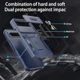 Military-Grade Shockproof Protective Case for Google Pixel 8 Pro with Sliding Camera Lens Cover, HD Screen Protector, and 360° Rotating Ring Kickstand, Blue