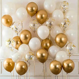 50-Pcs Gold & White Balloon Set, 12" Latex Balloons with Ribbon for Parties