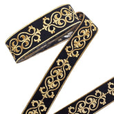 1.75 Inch Jacquard Ribbon, 4 Yards Hot Adhesive Floral Trim Black Gold