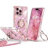 Luxury Glitter Bling Phone Case for iPhone 16 Pro Max with 2-Ring Heart Stand & Lanyard, Pink Rhinestone Shockproof Protective Cover for Women Girls
